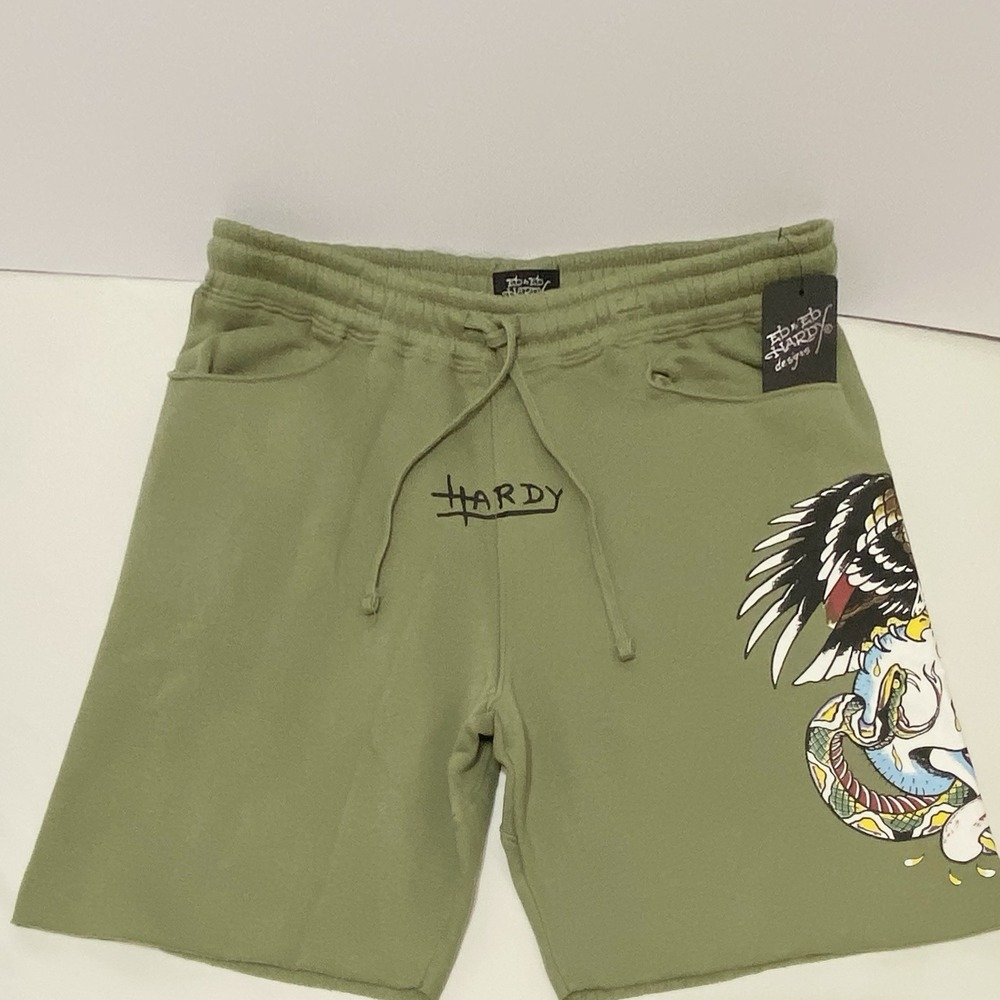 Ed Hardy Mens‎ Green Fleece Eagle Skull Snake Sweat Shorts Large Tattoo NWT Y2K